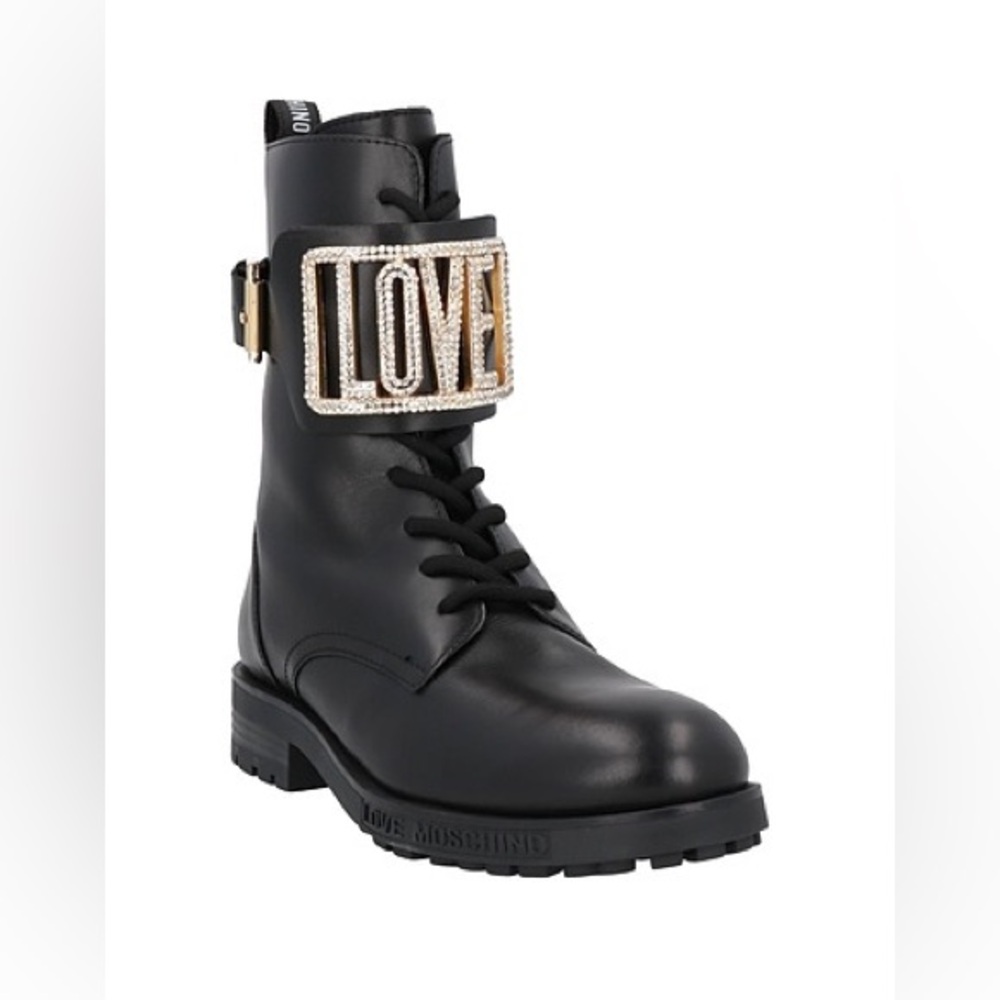 Love Moschino Black Leather Rhinestone Buckle Women’s Combat Boots Size 7 NIB